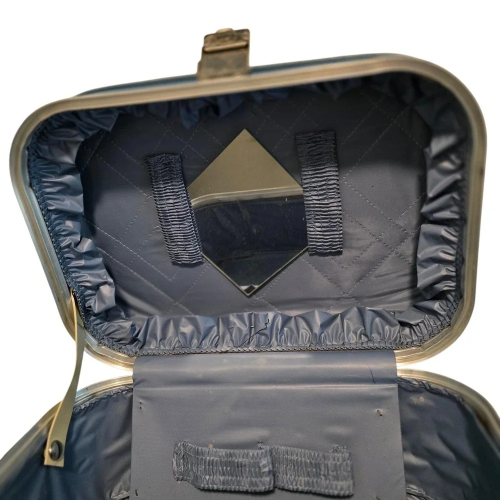 Vintage Blue Hard‎ Shell Train Case Makeup Vanity Travel Bag Mirror Mid Century
